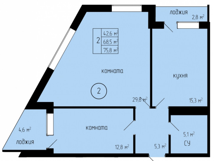 Двухкомнатная квартира 68.5 м²