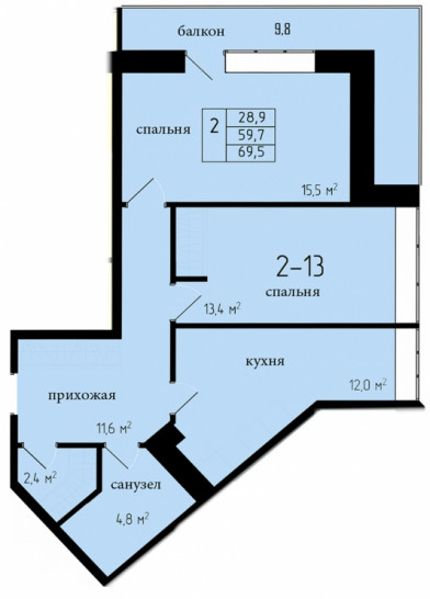 Двухкомнатная квартира 59.7 м²