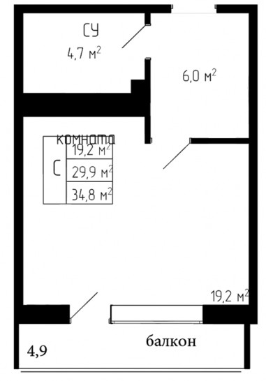 Студия 29.9 м²