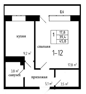 Однокомнатная квартира 39.4 м²