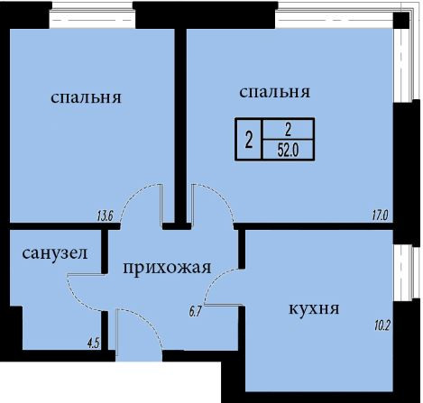 Двухкомнатная квартира 52 м²