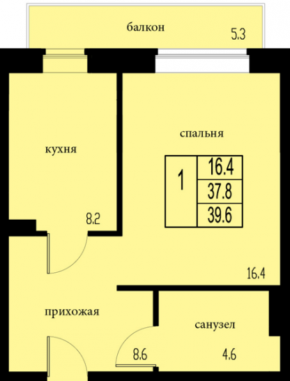 Однокомнатная квартира 37.8 м²