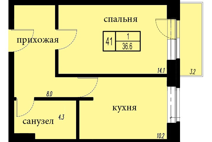 Однокомнатная квартира 36.6 м²