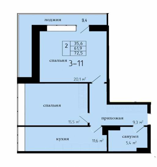 Двухкомнатная квартира 61.9 м²