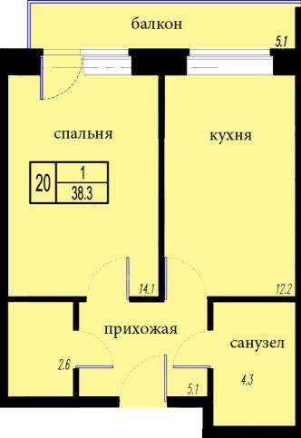 Однокомнатная квартира 38.3 м²