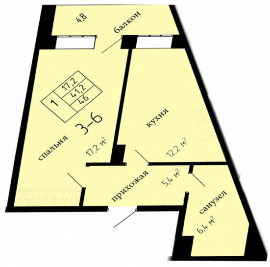 Однокомнатная квартира 41.2 м²