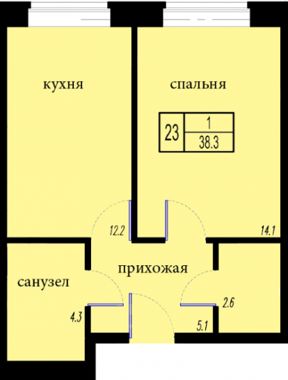Однокомнатная квартира 38.3 м²