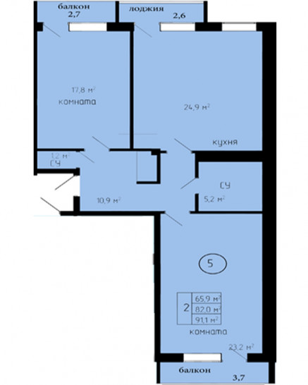 Двухкомнатная квартира 82 м²