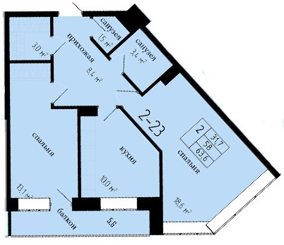 Двухкомнатная квартира 58 м²
