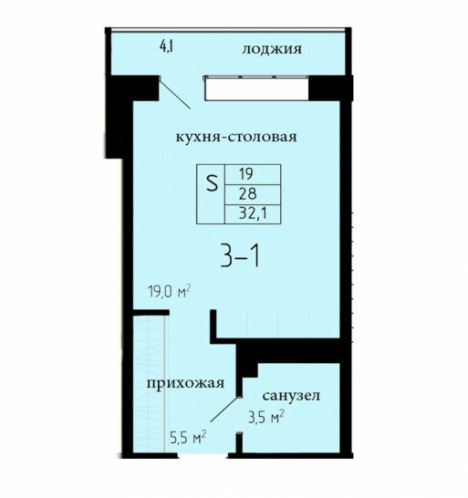 Студия 28 м²