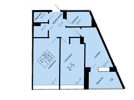 Двухкомнатная квартира 57.8 м²