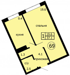 Однокомнатная квартира 37.1 м²